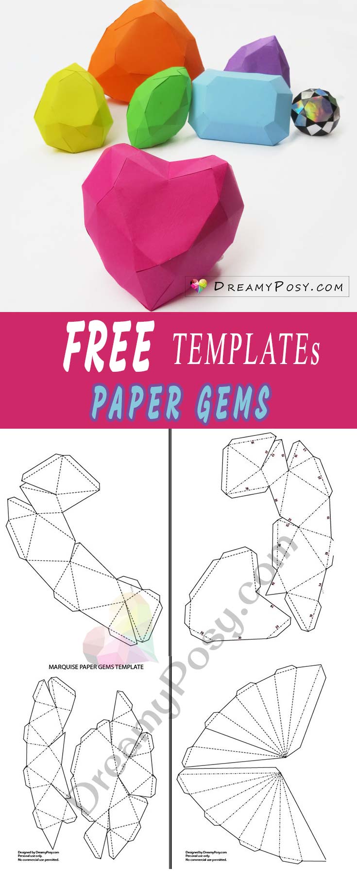 Paper gems free templates and tutorial, 3D paper gems, #papergems #papercraft #freetemplate