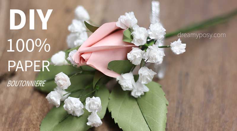 paper boutonniere, paper rose, paper baby breath, diy boutonniere, diy wedding flower, diy bridal flower