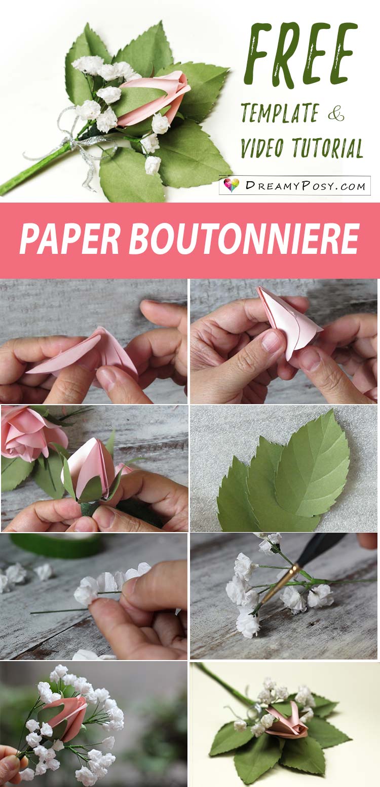 Paper boutonniere you definitely could DIY. So easy, free template, step by step tutorial. #paperflower #paperflowers #paperboutonniere