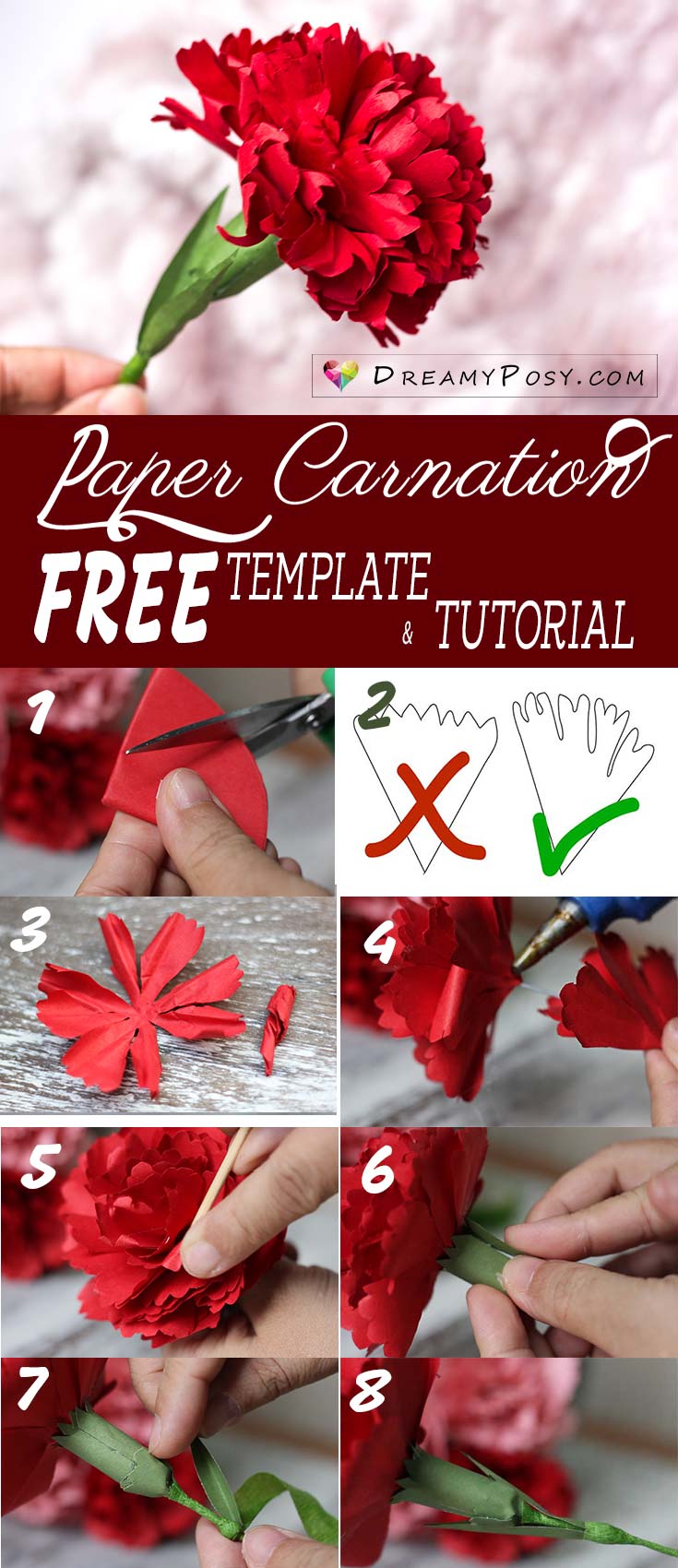 Free template and tutorial to make paper Carnation, paper flowers tutorial, flower making tutorial #paperflowers #freetemplate