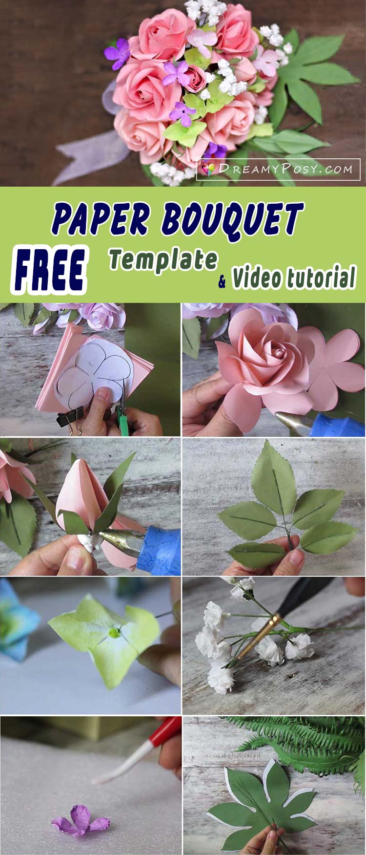 How to make rose paper bouquet, FREE template and full tutorial