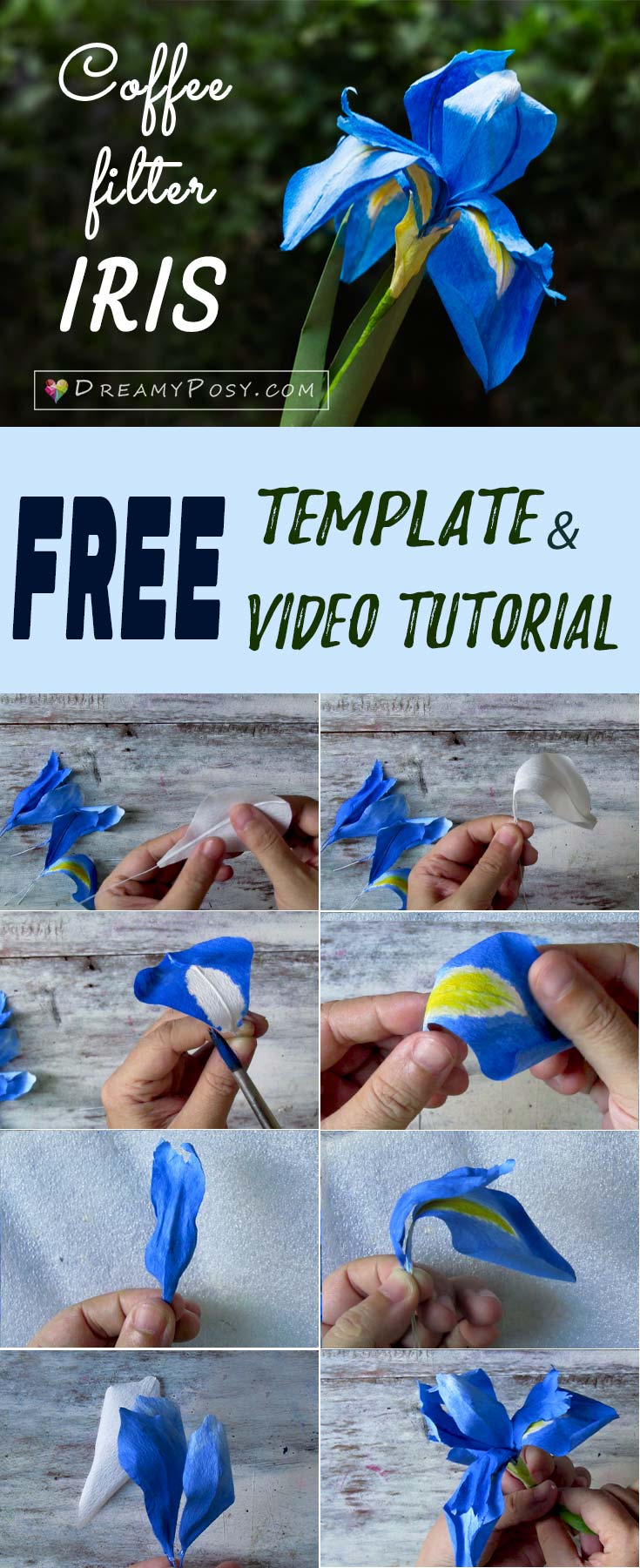 Free template and video tutorial to make Iris paper flower, paper flowers template, #paperflowers #free template