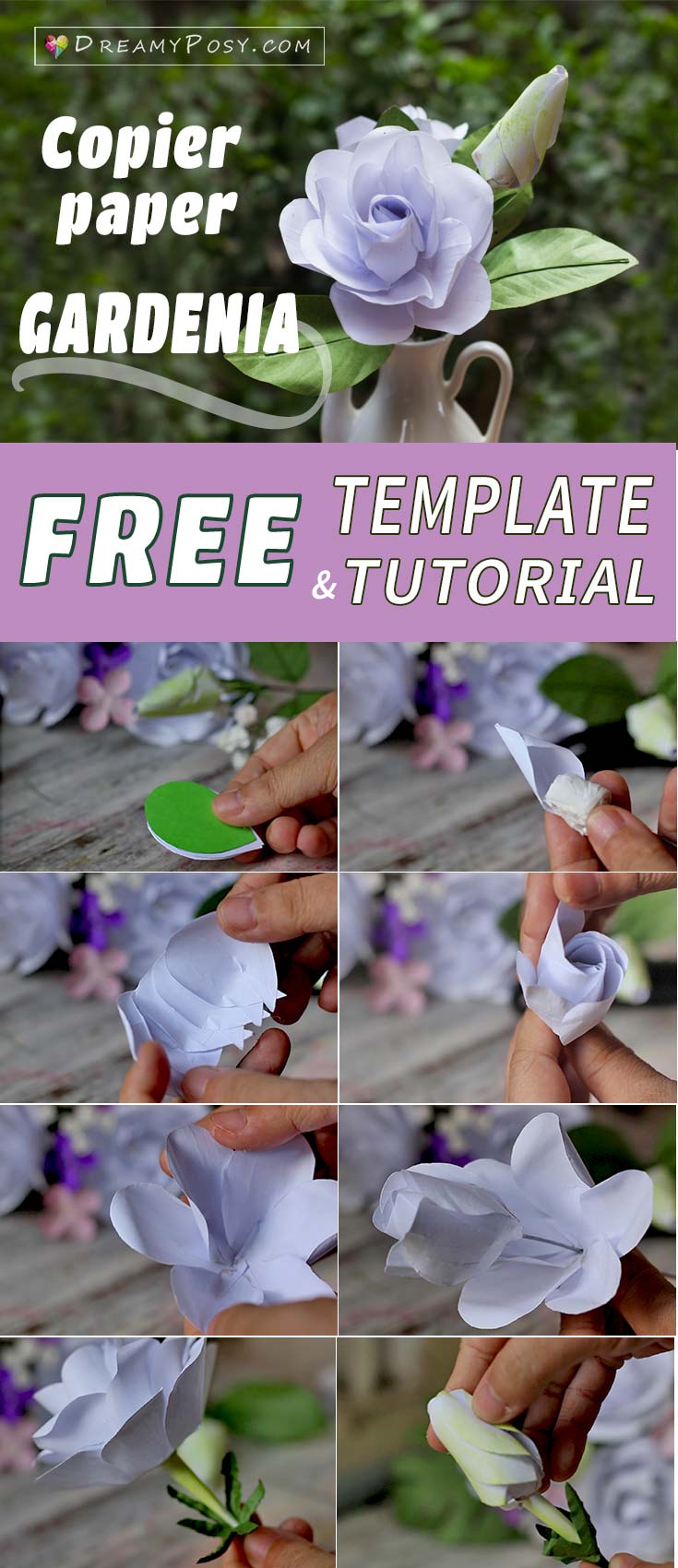 Paper Gardenia flower, free template and tutorial, paper flowers from copier paper, flower making tutorial