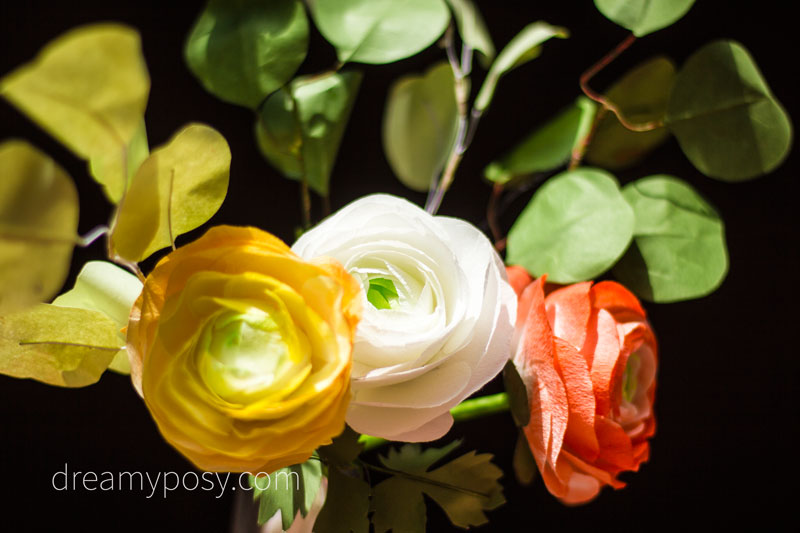 Paper Ranunculus flower with free template and tutorial, made from coffee filter