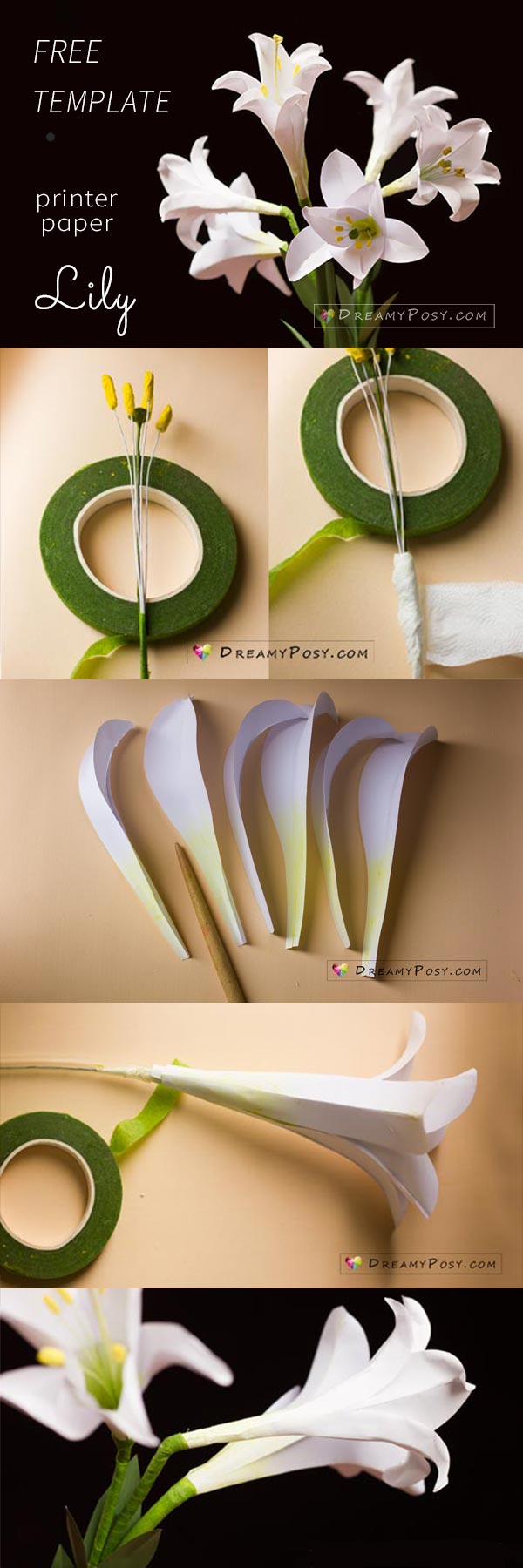 Paper Easter Lily tutorial with free template, made from printer paper #paperflower #flowertutorial