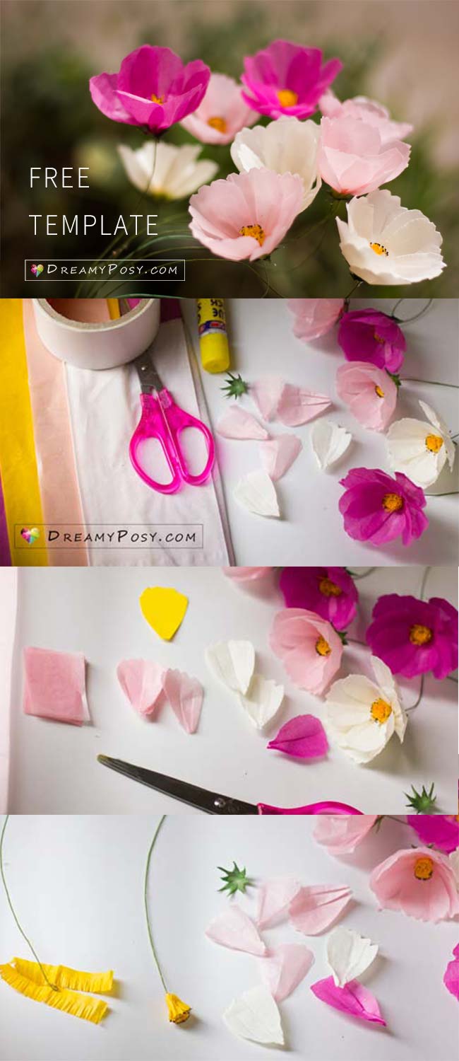 Paper Cosmos tutorial and free template, made from tissue paper, #paperflower #flowertutorial #flowertemplate