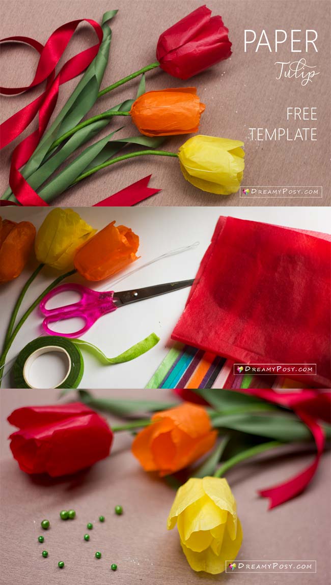 Tissue paper Tulip tutorial and free template #paperflowers #flowertutorial #flowertemplate