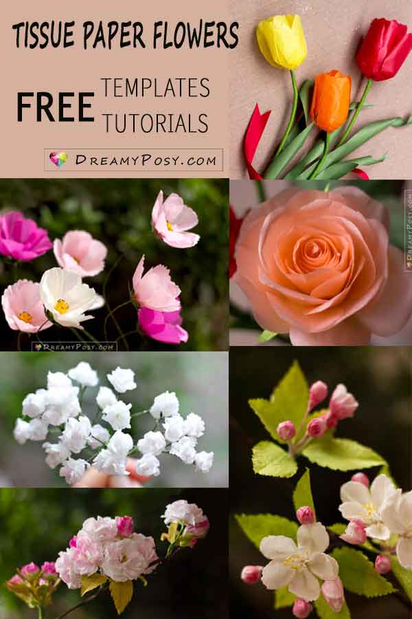 Tissue paper flowers, free templates and tutorials, #paperflowers #flowertemplate #flowertutorial