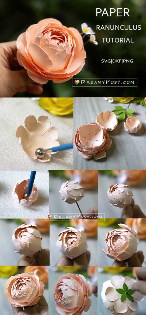 Cardstock Ranunculus flower step by step tutorial, with template.